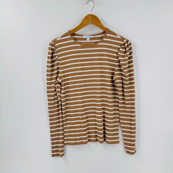 Ann Taylor Weekend Tan White Striped Puff Shoulder Ribbed Long Sleeve Top Size L - Picture 1 of 7